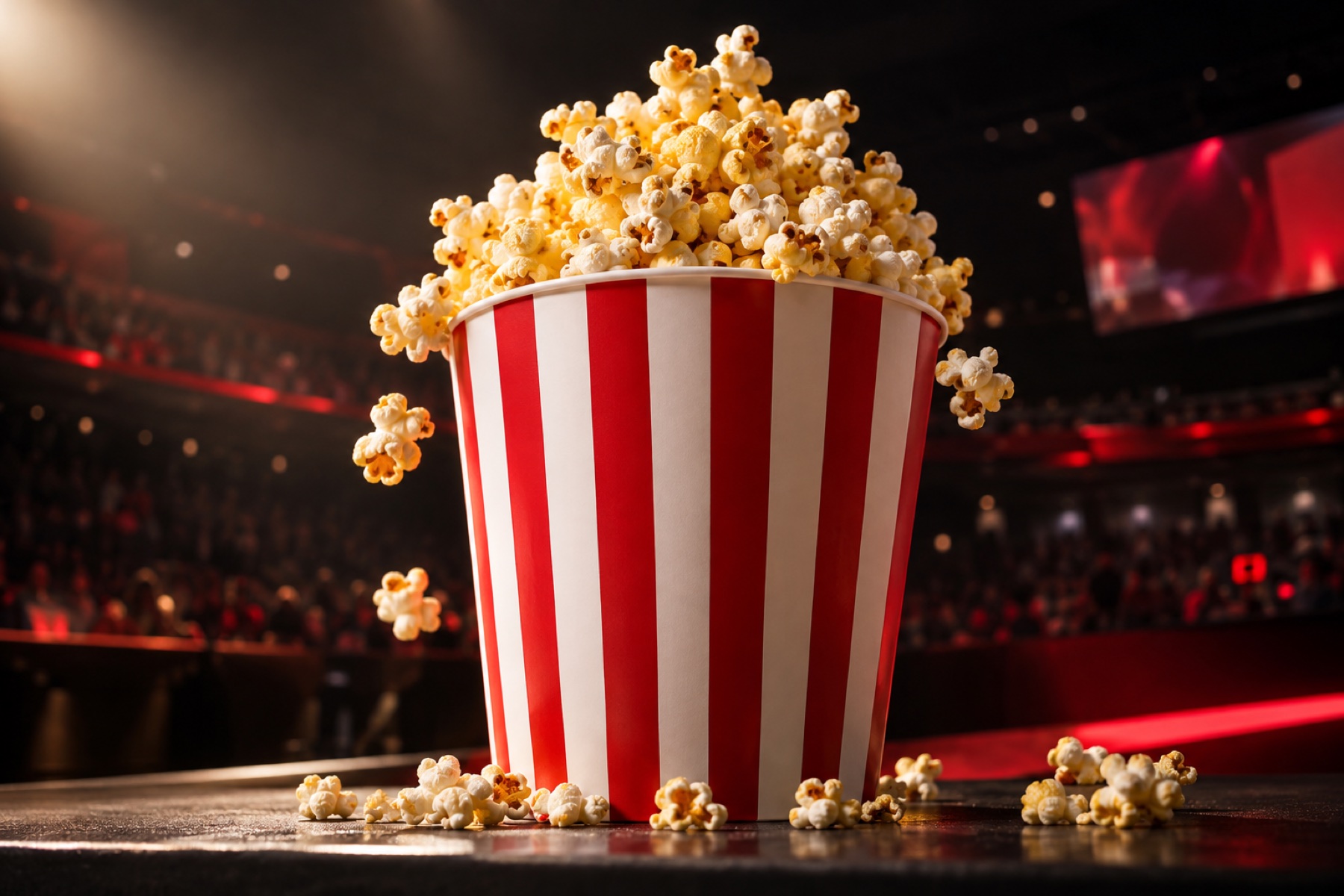 Frisches Popcorn in einer rot-weiß gestreiften Kinopackung
